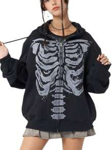 Women's Spring Autumn Casual Hooded Coat Black Long Sleeve Skull Print Zipper Hoodie - 黑色 - 查看 2