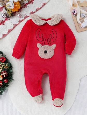 MommBaby Baby Girl Deer Embroidery Fleece Long Sleeve Jumpsuit With Foot Cover, Autumn/Winter Baby Jumpsuit