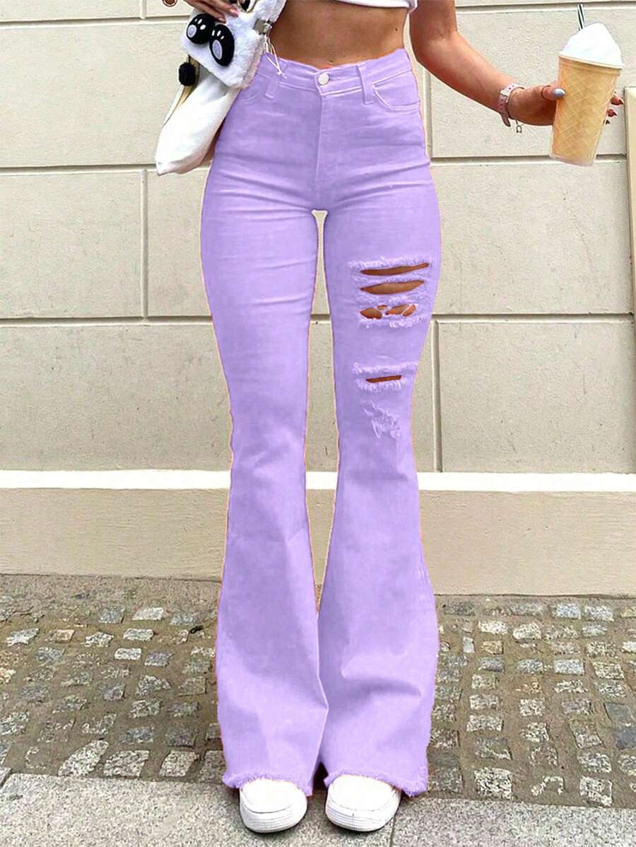 Women's Colorful Elastic Flared Denim Pants With High Waist And Hip Lifting, Slimming And Perforated Design, Fashionable Flared Pants, Young And Elegant Pants(The Size Is Slightly Small; It Is Recommended To Order One Size Up.) - 紫色 - 查看 1