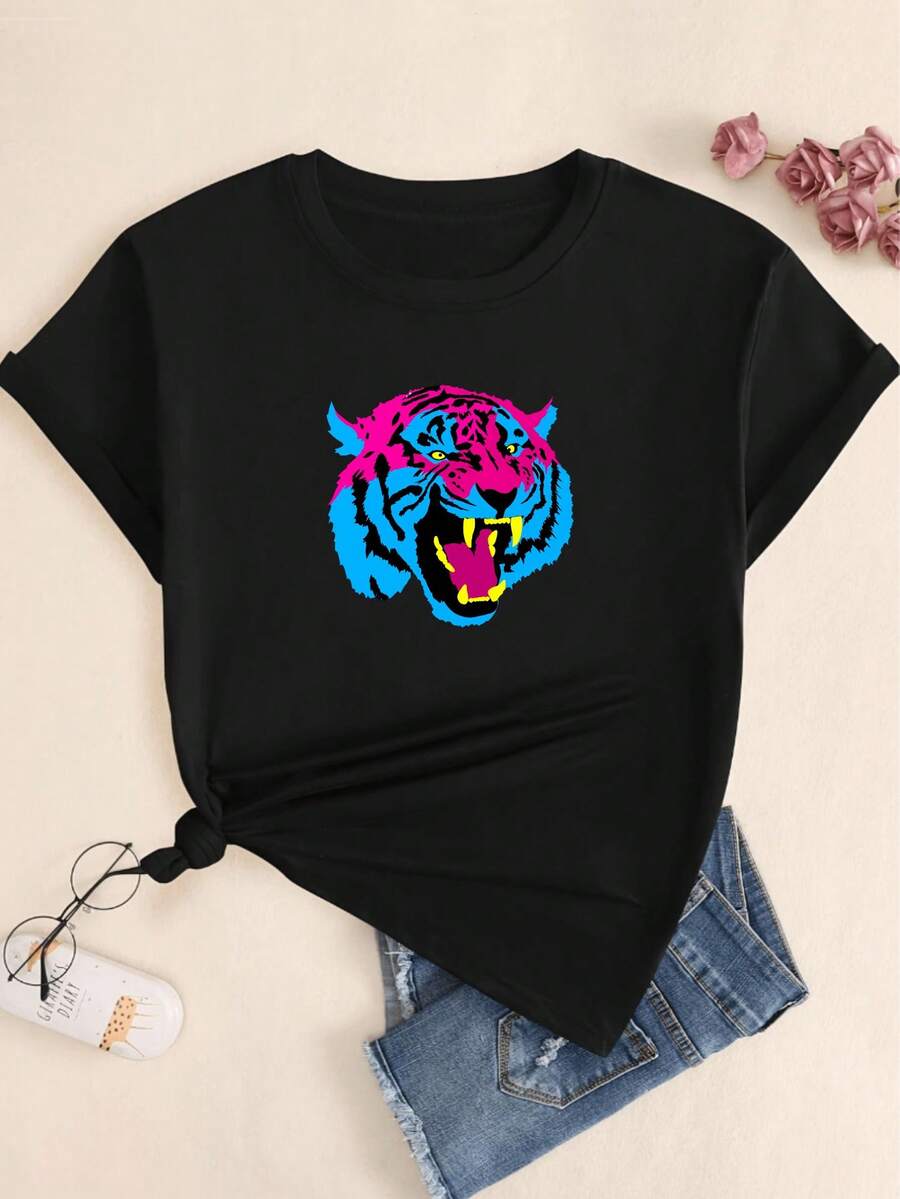 Babylook Angry Tiger Print T-Shirt Short Sleeve Comfort Cotton Casual - 所以 - 查看 1