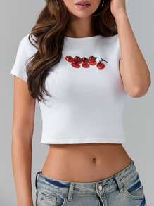 Women's Summer Fitted Crop Tops Short Sleeve Crewneck Solid Color/Pattern Print Cropped T-Shirt - Orange - View 3