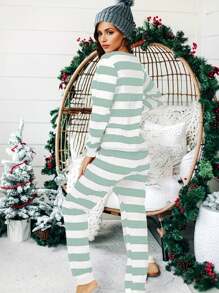 2pcs Knitted Christmas Stripe Long Sleeve Pajama Set - Blue and White - View 3