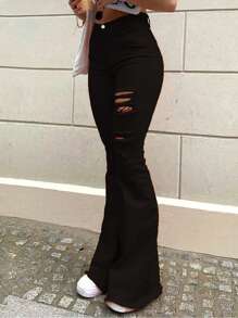 Women's Colorful Elastic Flared Denim Pants With High Waist And Hip Lifting, Slimming And Perforated Design, Fashionable Flared Pants, Young And Elegant Pants(The Size Is Slightly Small; It Is Recommended To Order One Size Up.) - màu đen - Xem 2