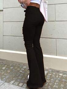 Women's Colorful Elastic Flared Denim Pants With High Waist And Hip Lifting, Slimming And Perforated Design, Fashionable Flared Pants, Young And Elegant Pants(The Size Is Slightly Small; It Is Recommended To Order One Size Up.) - màu đen - Xem 4