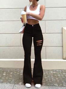 Women's Colorful Elastic Flared Denim Pants With High Waist And Hip Lifting, Slimming And Perforated Design, Fashionable Flared Pants, Young And Elegant Pants(The Size Is Slightly Small; It Is Recommended To Order One Size Up.) - màu đen - Xem 5