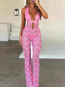 Women Halter Flare Jumpsuit Casual Summer Cutout Lace See-Through Backless Romper Pants For Clubwear Streetwear - Hồng - Xem 1