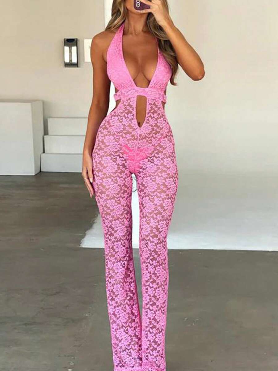 Women Halter Flare Jumpsuit Casual Summer Cutout Lace See-Through Backless Romper Pants For Clubwear Streetwear - Hồng - Xem 1