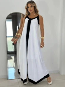 Women's Long Two-Tone Dress With Thin Straps And Asymmetric Hem, Vicolinho Fabric Lined - Đen và trắng - Xem 3