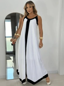 Women's Long Two-Tone Dress With Thin Straps And Asymmetric Hem, Vicolinho Fabric Lined - Đen và trắng - Xem 1