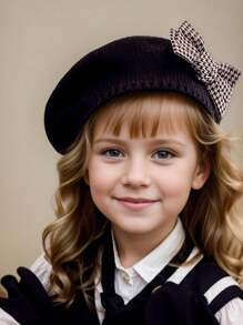 1pc Toddler Girls Houndstooth Pattern Bow Knitted Beret Hat, Beige