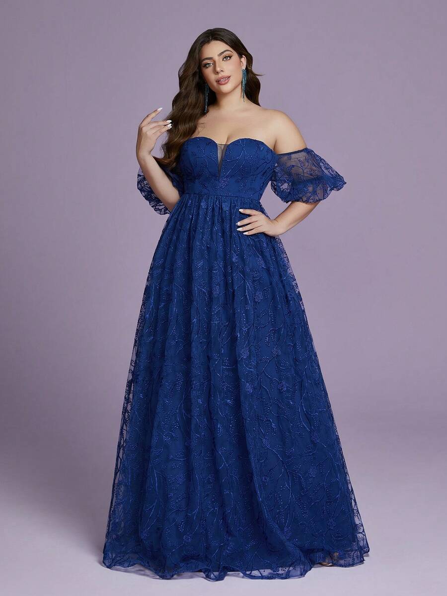 Plus Size (Unspecified Pattern) V-Neck Puff Sleeve Embroidered Lace Dress, Bridesmaid Dress - Blue - View 1