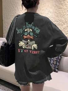 女士休闲宽松卡通印花长袖T恤，适合秋冬季