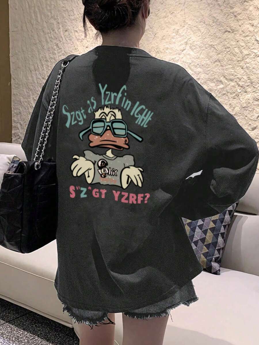 女士休闲宽松卡通印花长袖T恤，适合秋冬季