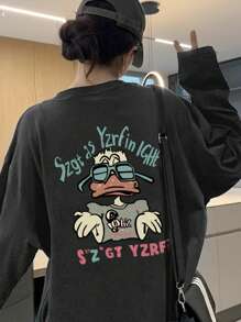 女士休闲宽松卡通印花长袖T恤，适合秋冬季