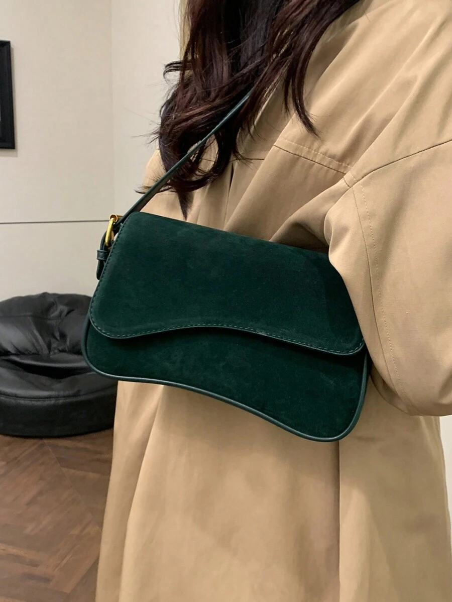 PU皮革纯色休闲多口袋女士单肩包 - 綠色 - 查看 1