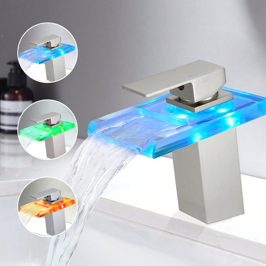 Bathroom Sink Faucet LED Light 3 Colors Changing Waterfall Glass Spout