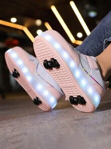 Kids LED Light Roller Skate Shoes With Detachable Wheels, Flashing Wheels Chargeable Wheeled Shoes - Pink - View 4