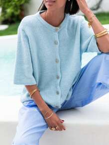 Women's Knit Cardigan Half Sleeve Round Neck Solid Color Button Up Knitwear - 藍色 - 查看 3