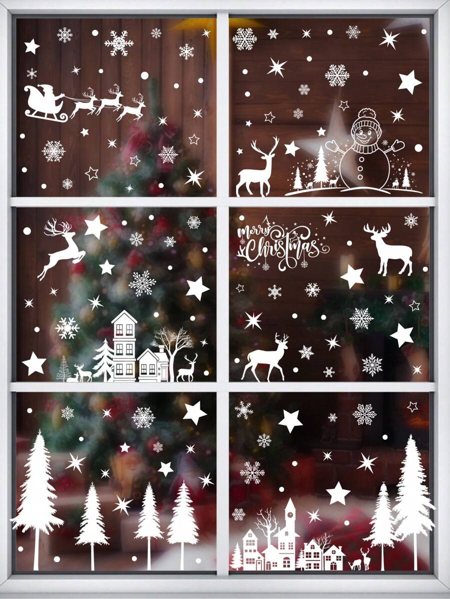 圣诞节静电贴窗贴，带有雪人、驯鹿和雪花，是节日装饰和季节性装饰的完美之选，非常适合节日家庭或办公室圣诞节庆祝活动