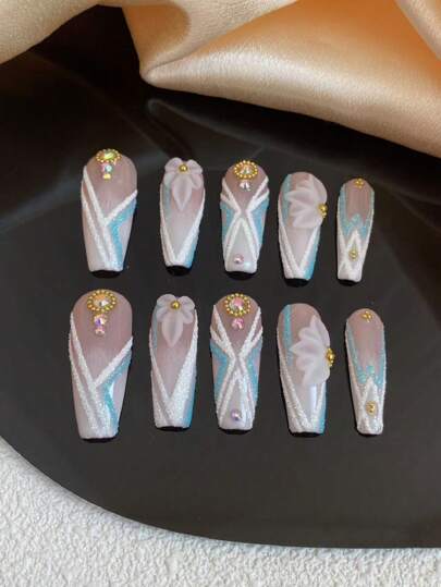 Czysta, ręcznie robiona zbroja, 10 elementów, ręcznie robione kwiaty. Ręcznie malowane gradientowe linie są proste i efektowne, idealne na prezenty urodzinowe i świąteczne dla przyjaciół i najlepszych przyjaciółek. Press On Nails, artykuły do paznokci, paznokcie