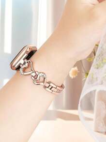 1pc Rose Gold Metal Hollow Heart-Shape Crystal Inlaid Shiny Jewelry Watch Band For Ultra 3 2 1 SE S10 S9 S8 S7 S6 S5 S4 S3 S2 S1 Smart Watch Series 38mm 40mm 41mm 42mm 44mm 45mm 46mm 49mm, Valentine's Day Gift For Couples