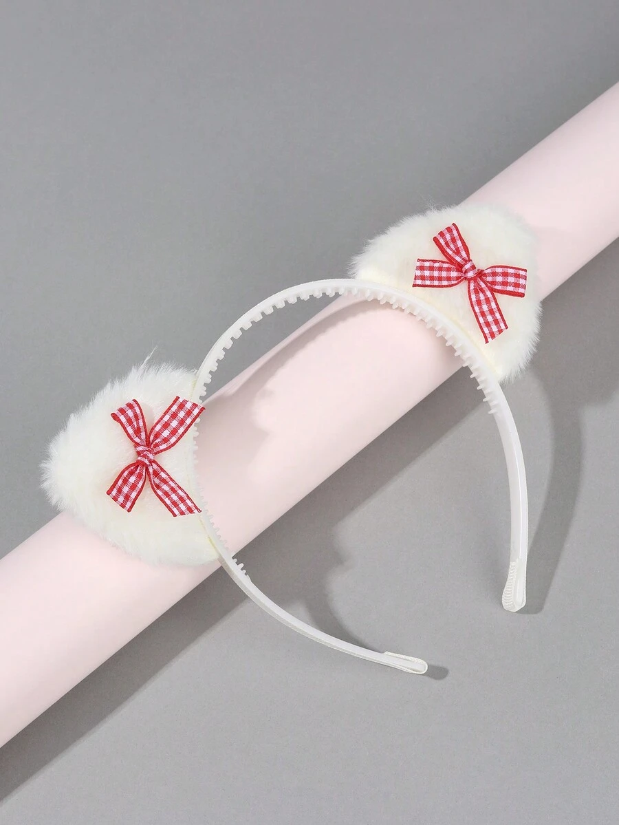 1 dây buộc tóc tai mèo màu trắng cho bé gái, nơ vải màu hồng cho trẻ em, phụ kiện tóc thời trang cho trẻ mới biết đi quà tặng mùa thu đông - băng đô - Xem 1