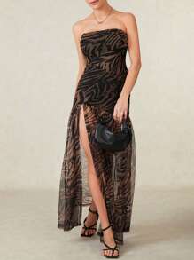 Women Tube Top Dress Tiger Stripe Mesh Patchwork Maxi Dress Strapless Sexy High Slit Long Dresses Party Clubwear - màu nâu - Xem 6
