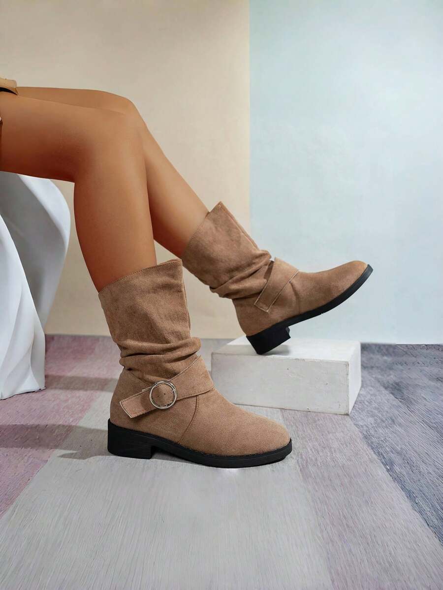 Giày bốt nữ cao đến giữa bắp chân mùa xuân mới - Giày bốt thời trang, phong cách phương Tây, thiết kế lót vải nhung mềm mại tạo sự thoải mái và thoáng khí - Màu Khaki - Xem 1