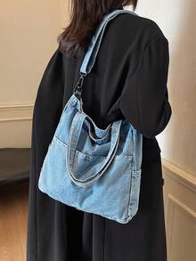 Dedoo 极简主义风格毛边字母设计牛仔帆布手提包，纯色大容量单肩包，适合女性日常使用，上班通勤学校手提包，学校书包，便携，可折叠，商务休闲，适合少女女大学生，老师，新人及白领人士大学，度假，海滩，假日，购物 - 藍色 - 查看 5