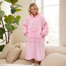 Flannel Cozy Wearable Blanket Hooded Sweatshirt, Extra Large Size Fleece Pullover Blanket With 2 Pockets, Chest 63", Suitable For Adults, Women And Men, Great For Christmas, New Year, Easter Gifts - Pink - View 2