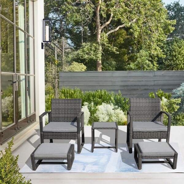 SUNSITT 5pcs Patio Bistro Set Wicker Outdoor Furniture Conversation Set With Ottomans; Patio Bistro Set, With Ottoman, Storage Function, Grey PE Wicker