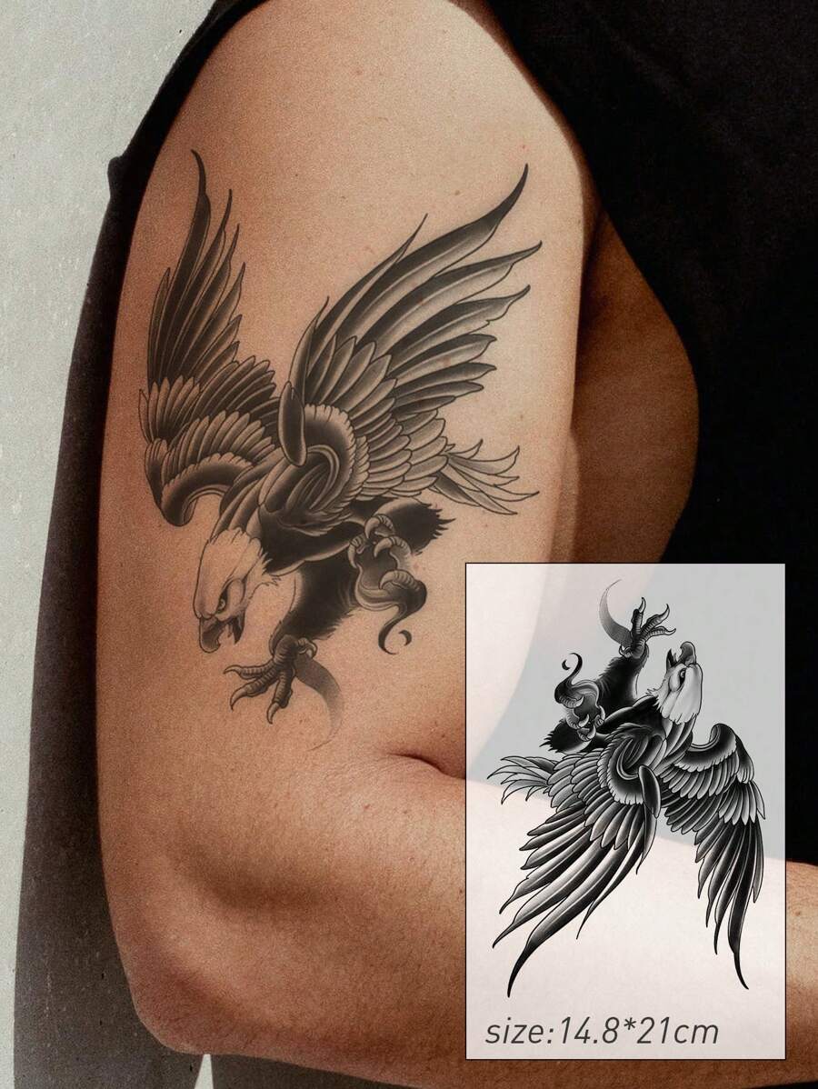 1 hình xăm tạm thời họa tiết đại bàng săn bắn nửa tay cho nam, miếng dán nghệ thuật cơ thể chống thấm nước, quà tặng lễ hội cho ngực/bụng/cánh tay - màu đen - Xem 1