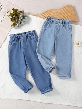 2pcs/Set Girls' Jeans, Casual Floral Waist Children Denim Pants