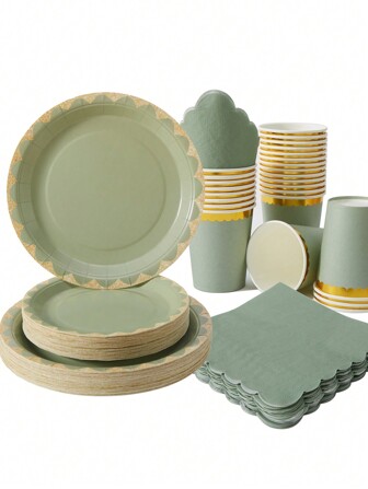 25pcs Sage Green & Gold Rim Disposable Plates, Napkins & Cups Set, For Party, Birthday, Wedding, Family Picnic