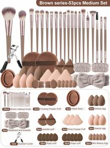 6pcs/8pcs/11pcs/33pcs/24pcs/27pcs/28pcs/53pcs Makeup Tools Set Including:20PCS Makeup Brush Set+6PCS Makeup Sponges+5PCS Mini Makeup Sponges+2PCS Triangle Powder Puffs+10PCS Mini Air Cushion Powder Puffs+1pc Makeup Brush Cleaning Tools+2PCS Circular Powder Puffs+1pc Hairband+2PCS Hand Bowl Strap+1pc Eyelash Curler+3PCS Thick Powder Puff - 咖啡棕 - 查看 13