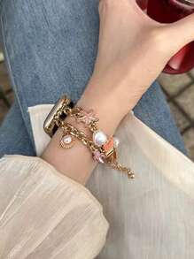 1pc Compatible With Apple Watch Bracelet Apple WatchBand Women's Exquisite Pendant Bracelet Gold Compatible With Apple Watch Strap 38/40/41/42/44/45/46/49mm Ultra 2/1 Marine Metal Bracelet With Pink Starfish, Pearl Conch And Shell Pendant Bohemian Holiday Style Creative Dopamine Color System Is Suitable For Apple Watch Series 9/8/7/6/5/SE4/3/2/1. Apple Watchband Accessories