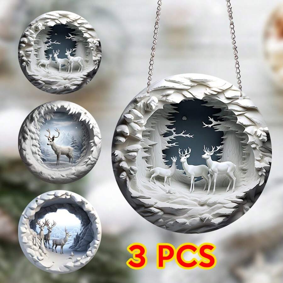 3 件装圣诞门挂牌圆形亚克力圣诞装饰 3D 驯鹿挂牌节日墙壁装饰 - 20x20cm - 查看 1
