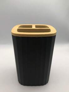 4-Piece Bathroom Set Kit, Bamboo Details - Trash Can, Toothbrush Holder, Liquid Soap Holder And Santinaria Brush. - 圓形的 - 查看 2