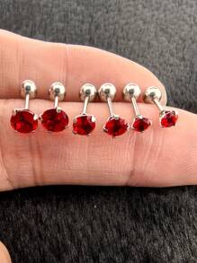 6pcs/Set Stainless Steel & Ear Bone Stud Earrings For Women - Silver-red Diamond - View 2