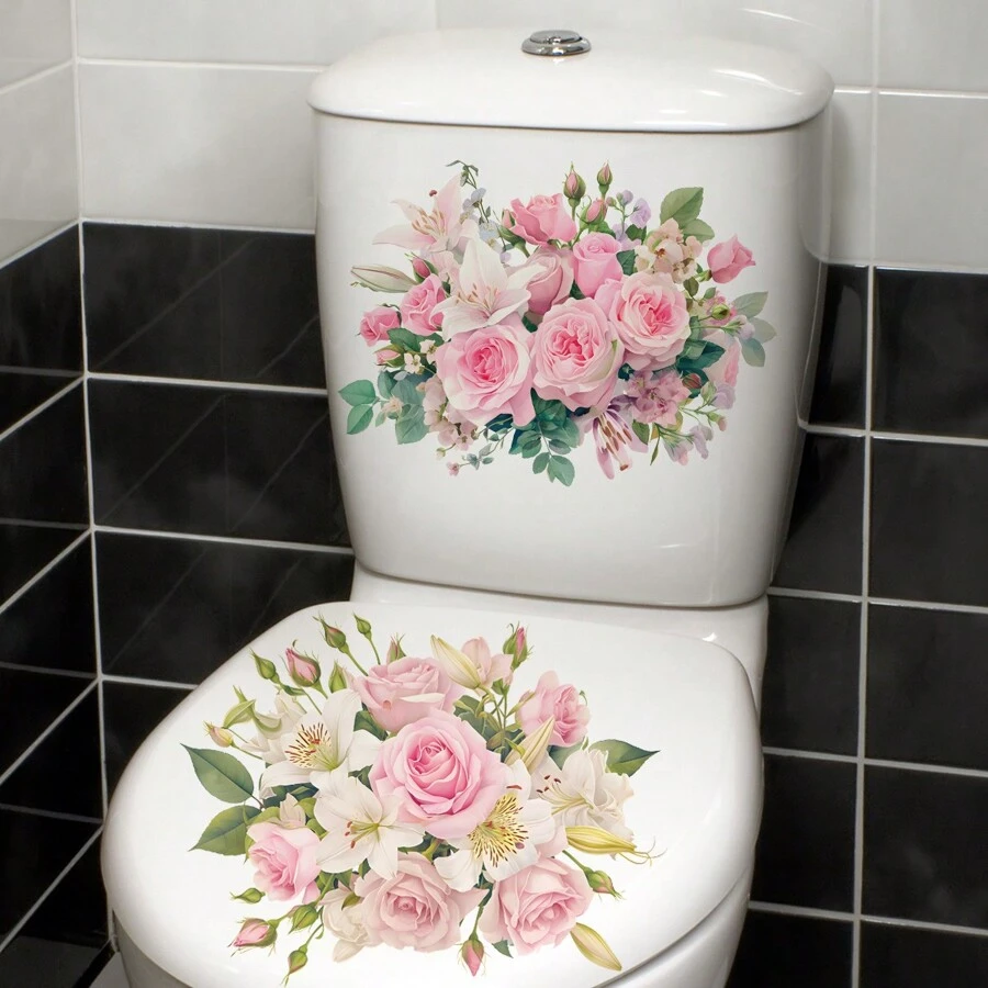 2pcs Floral Toilet Stickers To Add A Romantic Touch To Your Bathroom,Stickers,Wall Decal, Vinyl Decal For Home Decorations,Spring Decoration Items Refresh Your Home,Rama Decoration Stickers Gifts Birthday Graduation