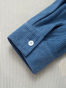 畅销款男士灯芯绒休闲衬衫，时尚纯色灯芯绒撞色领扣前胸口袋简约百搭休闲通勤街头风格春秋长袖衬衫 - 藍色 - 查看 4