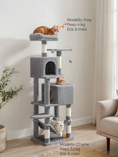 Feandrea Albero per Gatti Alto 155 cm, Tiragraffi per Gatti con 5 Pali Graffiatoi, 2 Posatoi, 2 Grotte, Amaca, 2 Pompon, in Peluche a Più Livelli, Grigio Chiaro