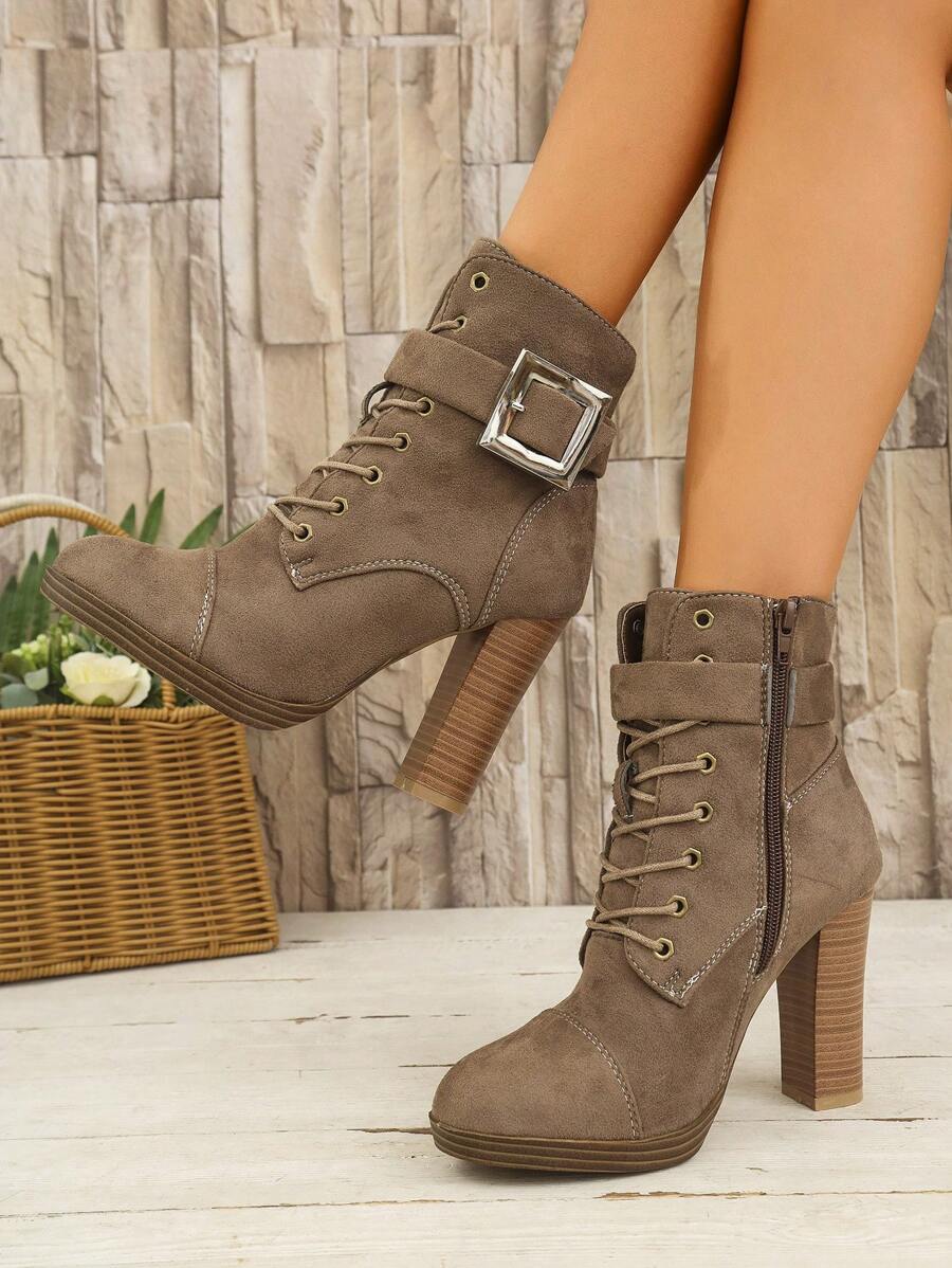 Women's Autumn/Winter New High-End Elegant European/American Style Lace-Up Zipper  Boots. Women's High-Quality Comfortable All-Match Chunky Heel Waterproof Platform Fashion Ankle Boots