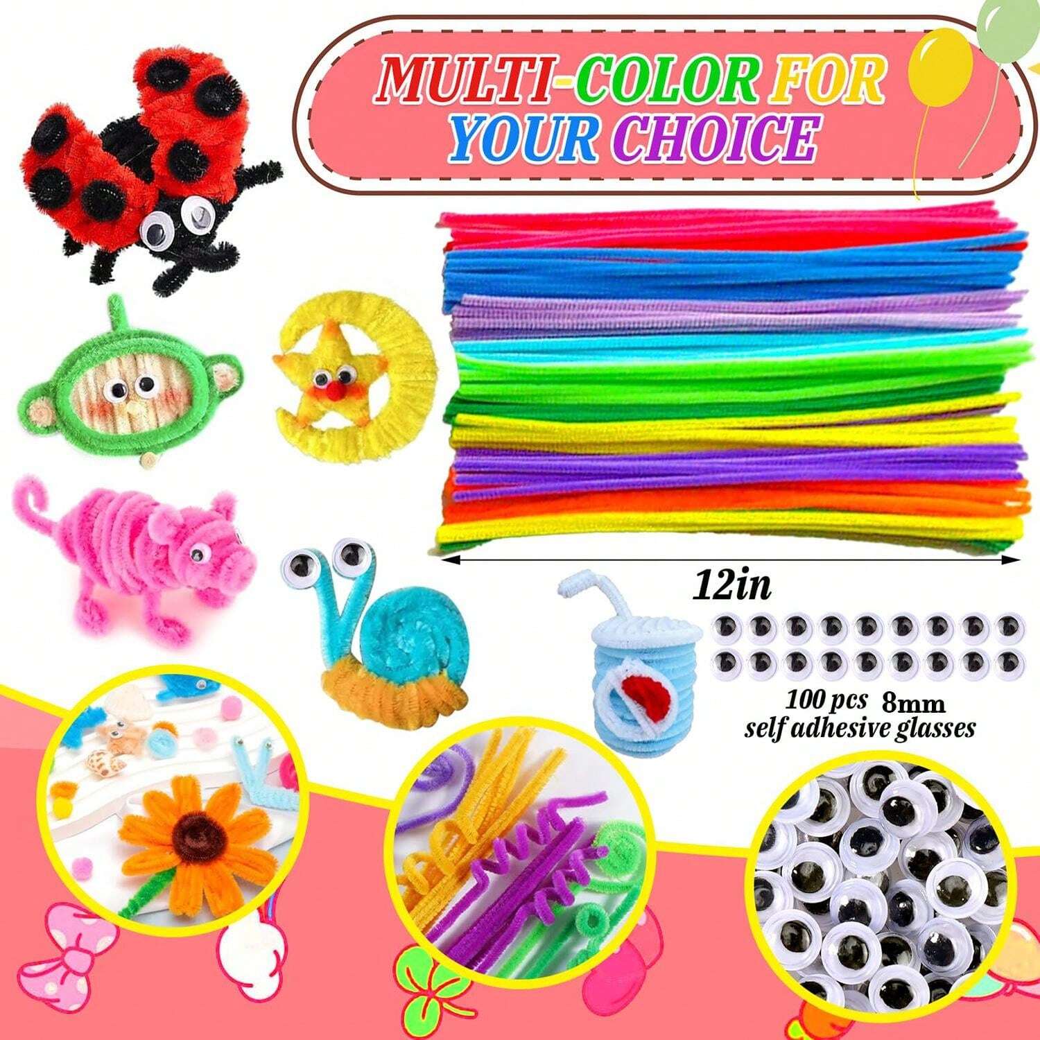 200 Pcs Multi-Color Pipe Cleaners For Crafts And 100 Pcs Self-Adhesive ...