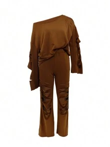 HZ6120 Two-Piece Pantsuit Set - Women's Casual Baggy Ripped Decorated Long Sleeve Cold Shoulder Outfit With Skinny Elastic Waist Pants - Comfortable Fashion Clothing For Daily Wear - màu nâu - Xem 3