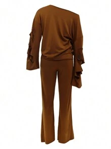 HZ6120 Two-Piece Pantsuit Set - Women's Casual Baggy Ripped Decorated Long Sleeve Cold Shoulder Outfit With Skinny Elastic Waist Pants - Comfortable Fashion Clothing For Daily Wear - màu nâu - Xem 4