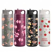 1pc Multicolor Flower/Cherry Pattern Fashion Cute Water Cup, Water Bottle, Stainless Steel Insulated Coffee Cup, Portable Carrying Handle, Travel Water Cup, Fitness, Home, Business Water Cup, Unisex Water Bottle, For Outdoor, Camping, Mother's Day Gift
