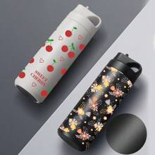 1pc Multicolor Flower/Cherry Pattern Fashion Cute Water Cup, Water Bottle, Stainless Steel Insulated Coffee Cup, Portable Carrying Handle, Travel Water Cup, Fitness, Home, Business Water Cup, Unisex Water Bottle, For Outdoor, Camping, Mother's Day Gift