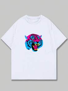 Brave Tiger Printed T-Shirt Unisex Short Sleeve Comfort Cotton Casual - 白色 - 查看 1
