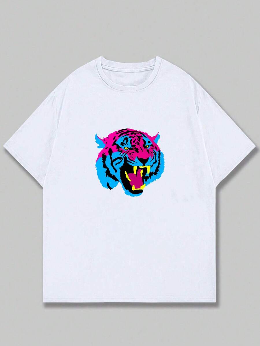 Brave Tiger Printed T-Shirt Unisex Short Sleeve Comfort Cotton Casual - 白色 - 查看 1